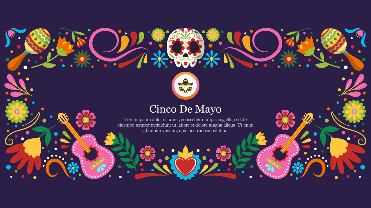 Colorful cinco de mayo slide featuring maracas, flowers, guitars, and a decorated sugar skull on a dark background.