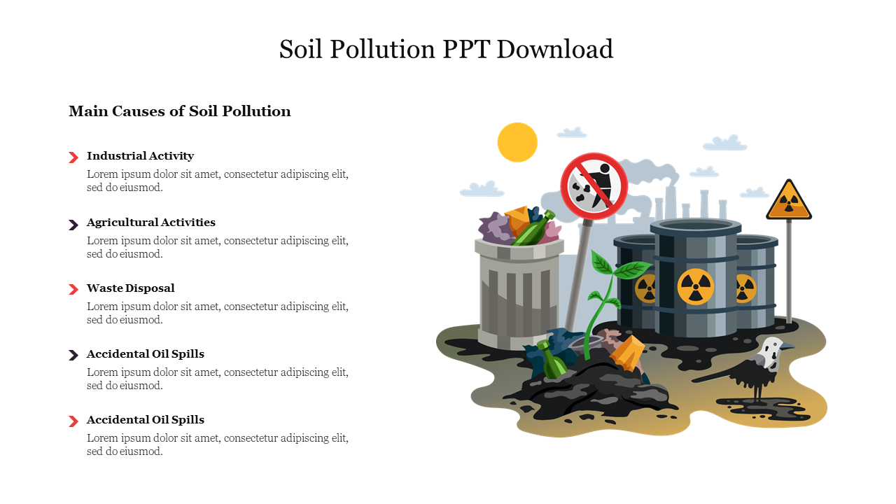 Illustrated soil pollution slide listing causes paired with an image of polluted soil and waste with placeholder text.