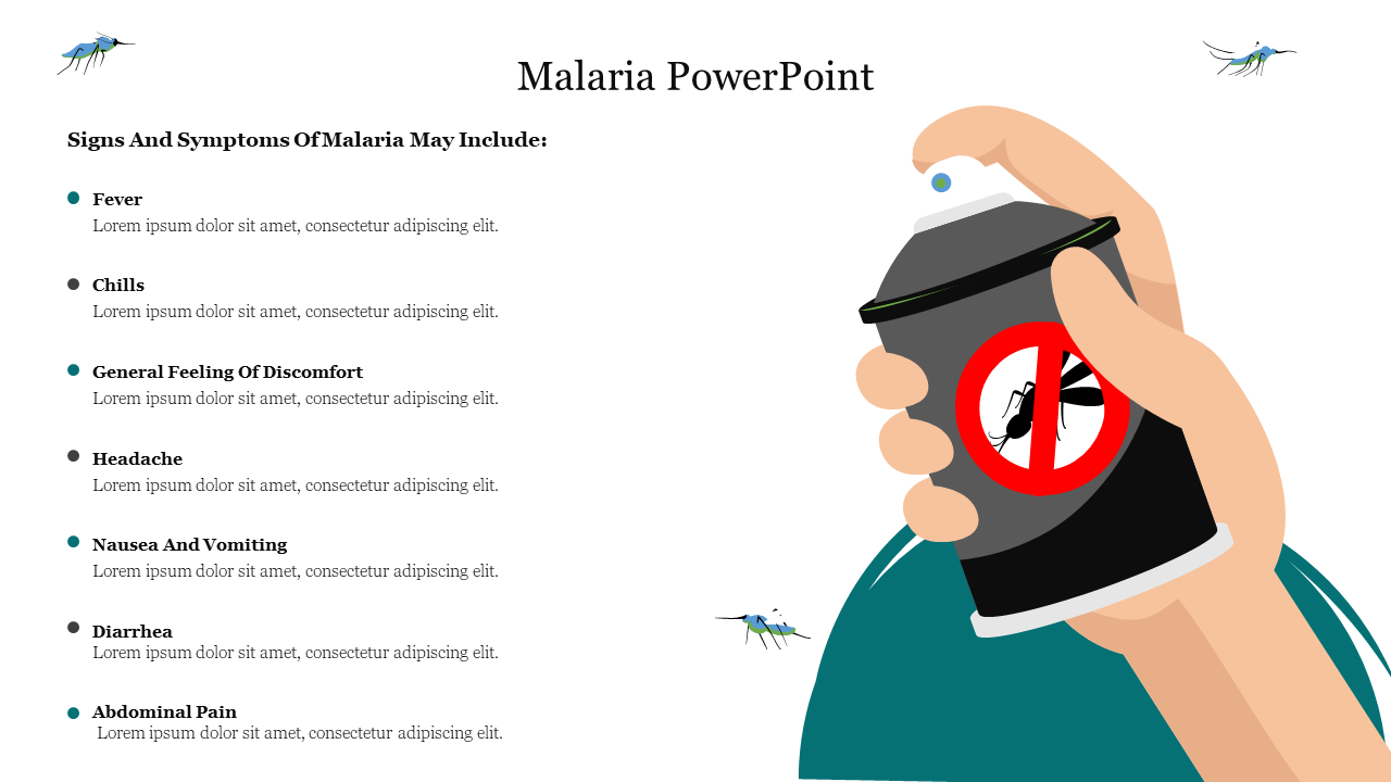 Illustration of a hand gripping an insect spray can with a red crossed out mosquito symbol, with a list of malaria symptoms.