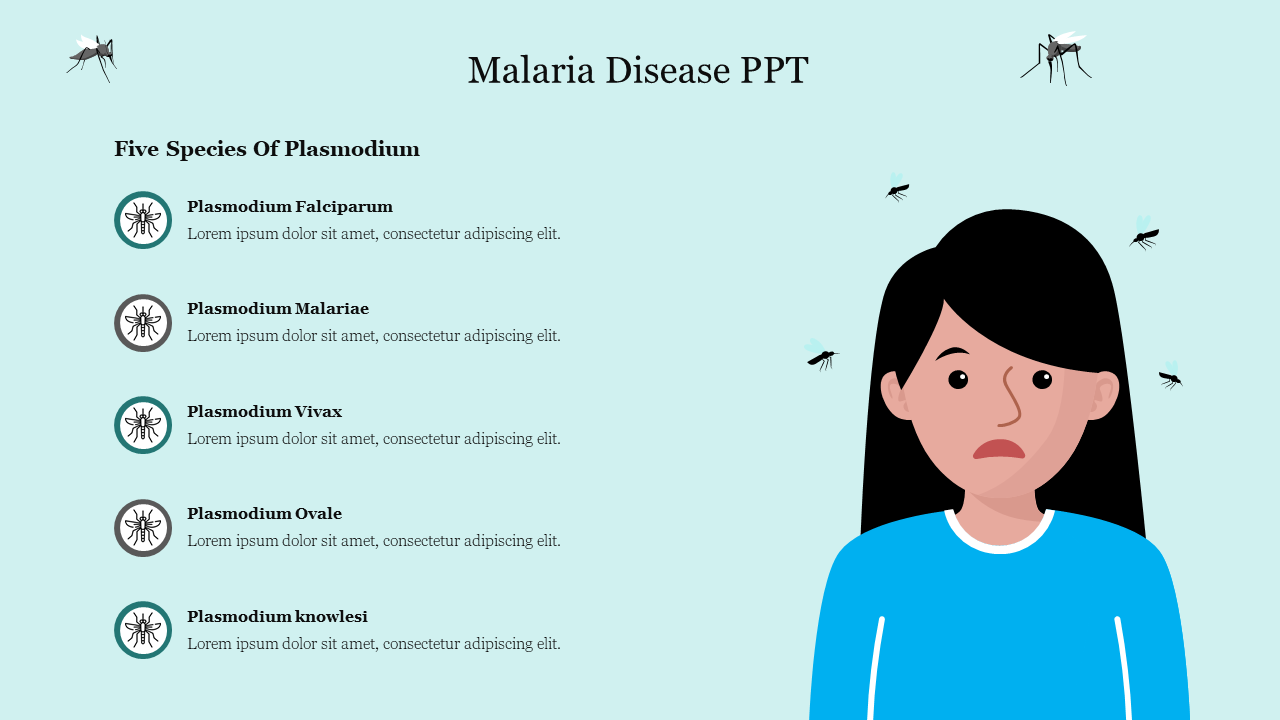 Malaria Disease PPT slide featuring a list of five Plasmodium species, with an illustration of a concerned woman and mosquitoes.