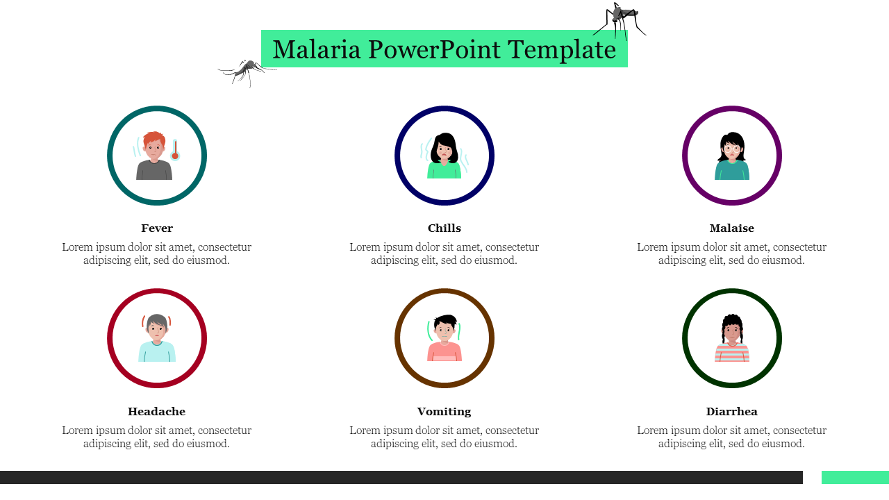 Malaria symptoms with six icons showing from fever to diarrhea, each with placeholder text areas beneath.