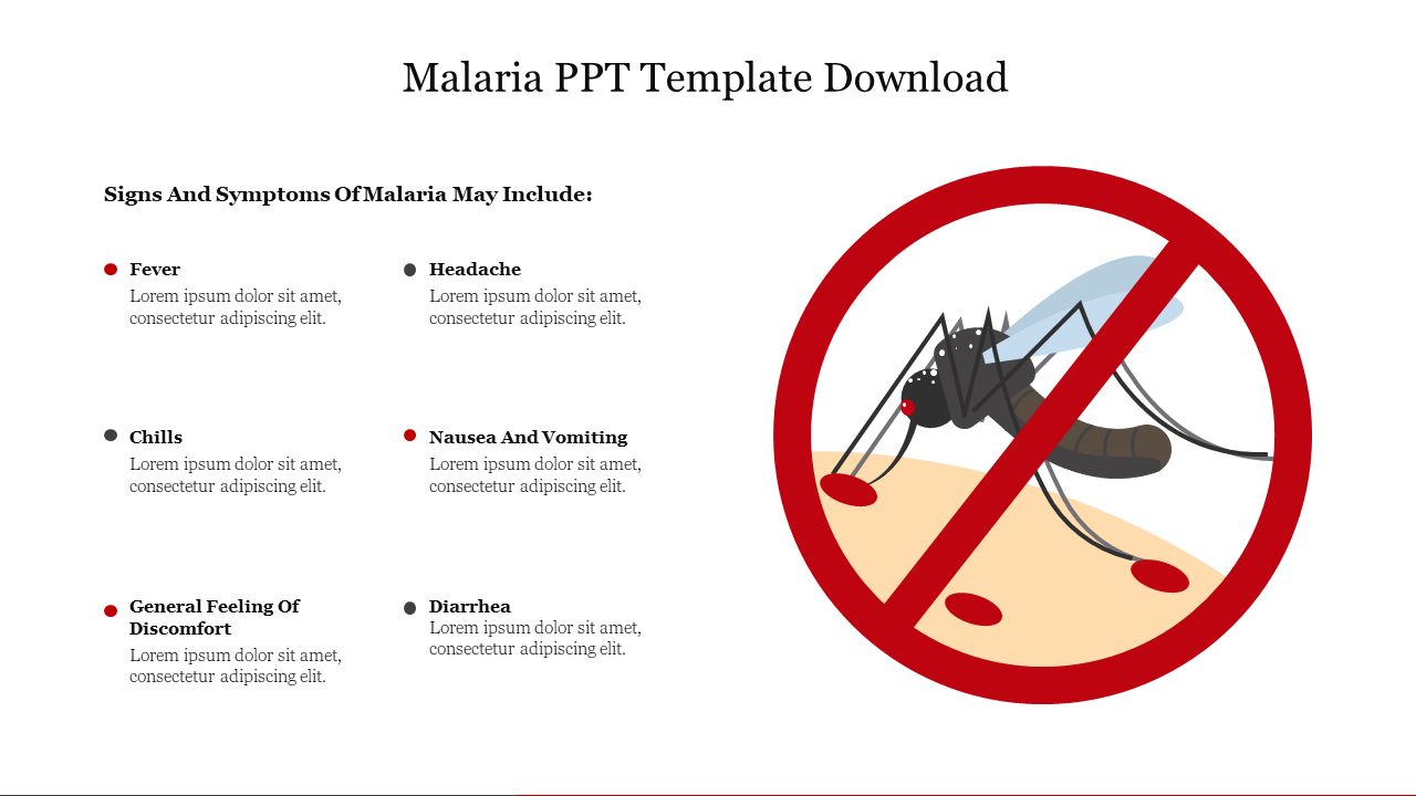 Illustration of a mosquito inside a red prohibition sign, with a list of six malaria symptoms, on white background.