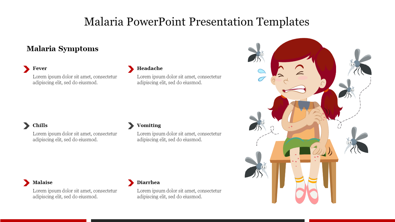 Malaria symptoms, such as fever and vomiting, listed on the left, with a cartoon girl surrounded by mosquitoes on the right.