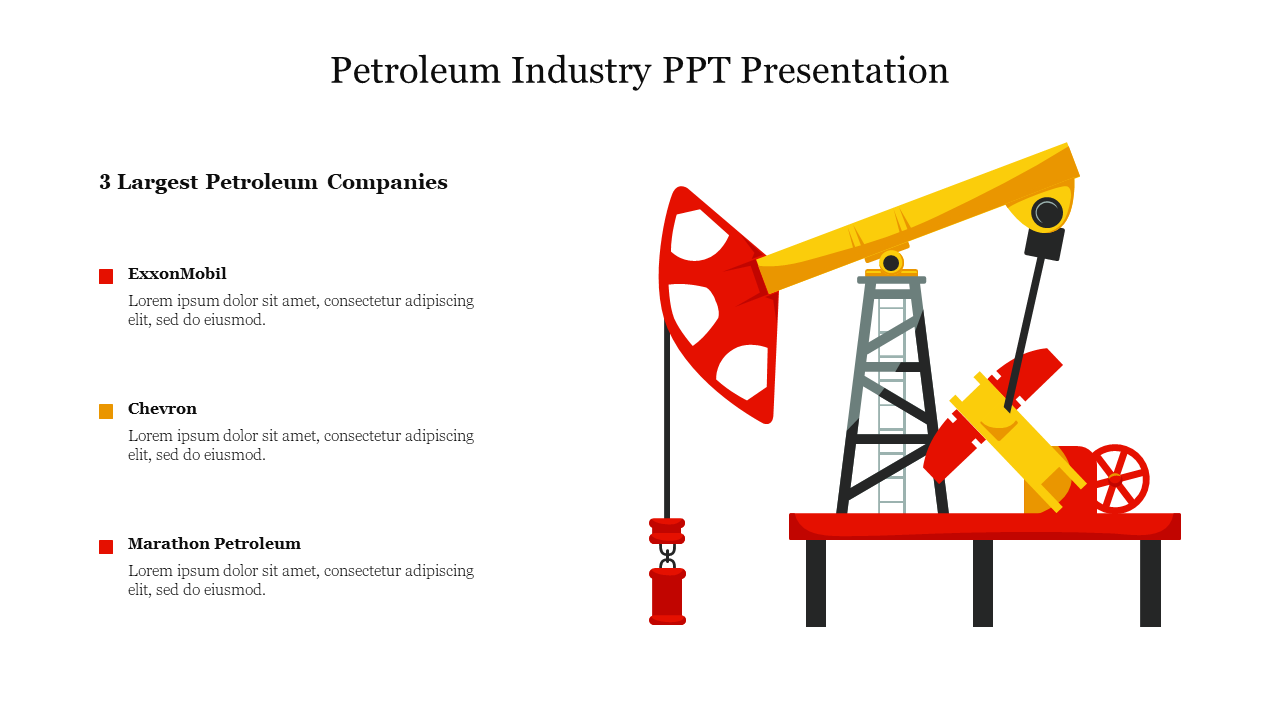 Illustration of a red and yellow oil pumpjack on a platform with text listing three petroleum companies on the left.