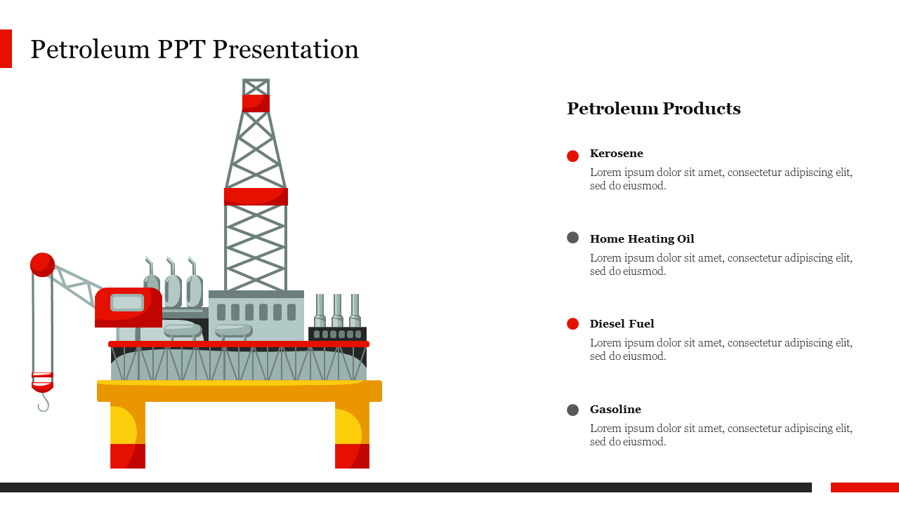 Petroleum template showing an oil platform illustration and a list of products, each item marked with a color-coded dot.