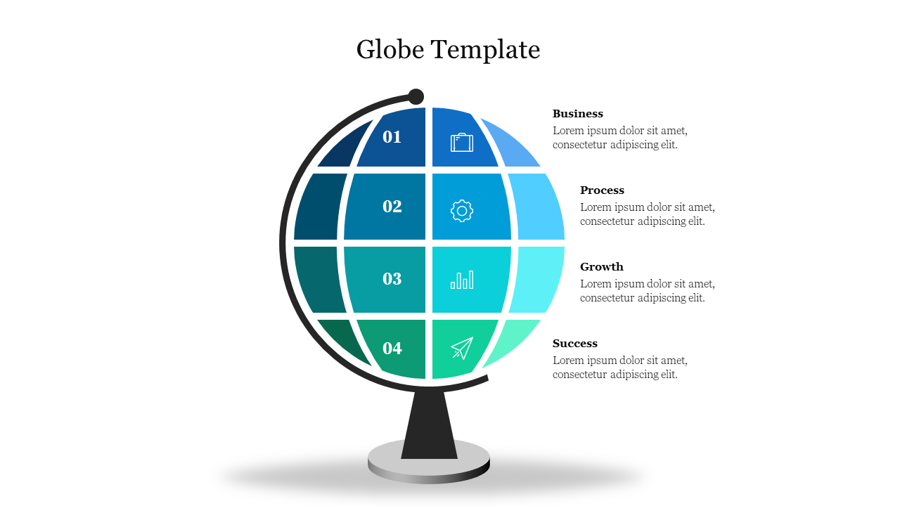 Globe illustration divided into four numbered blue and green sections, and icons, labeled with text on the right.