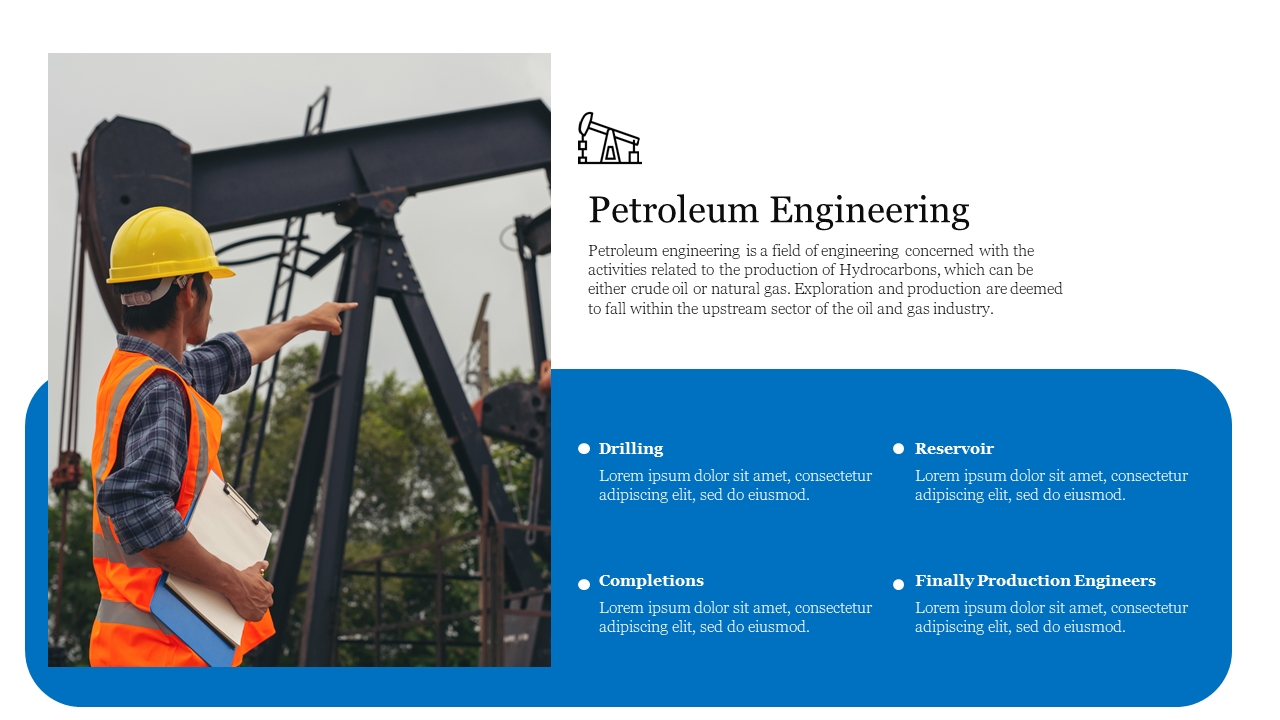 Slide on petroleum engineering, featuring a professional in a hard hat at an oil rig, with key topics outlined.