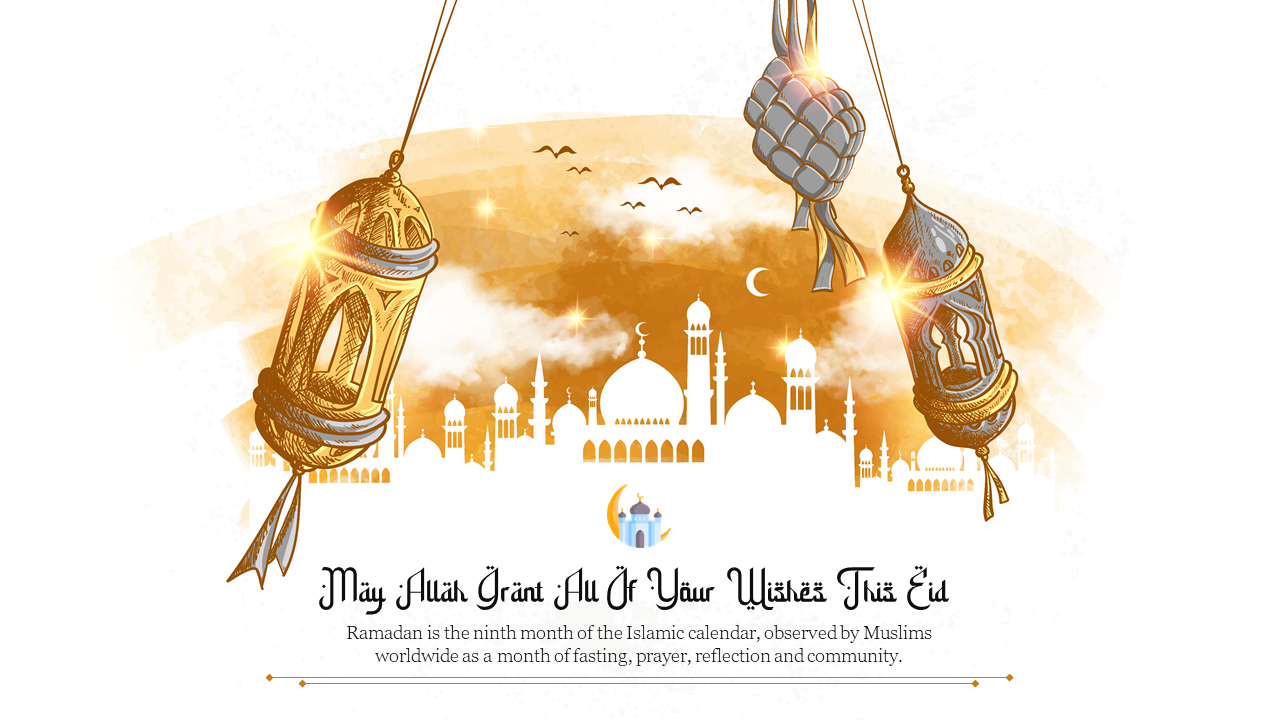 Two illuminated golden lanterns hanging with a mosque skyline in the background and Eid greetings text below.