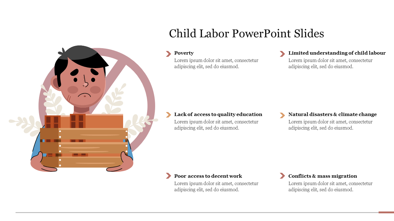 Illustration of a sad child carrying boxes, highlighting six causes of child labor listed with caption area on the right.