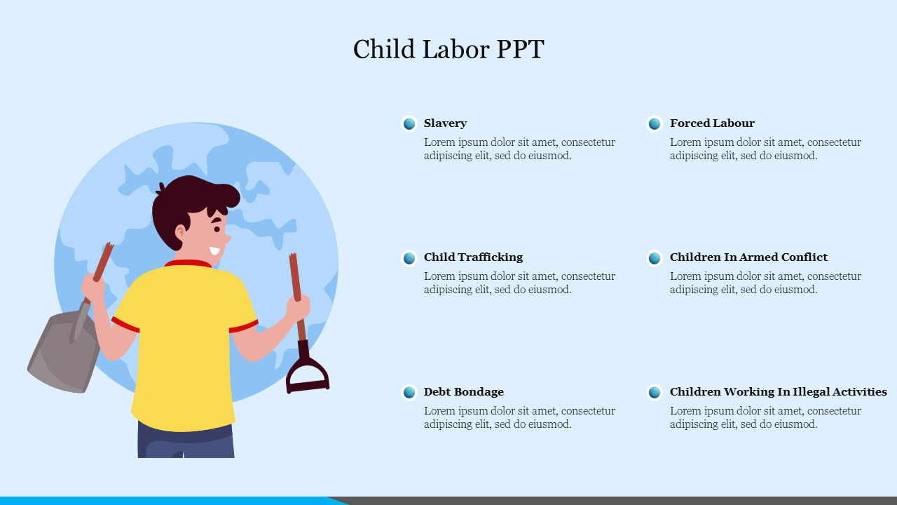 Slide featuring a child holding a shovel and hoe, highlighting six types of child labor with text on a light blue backdrop.