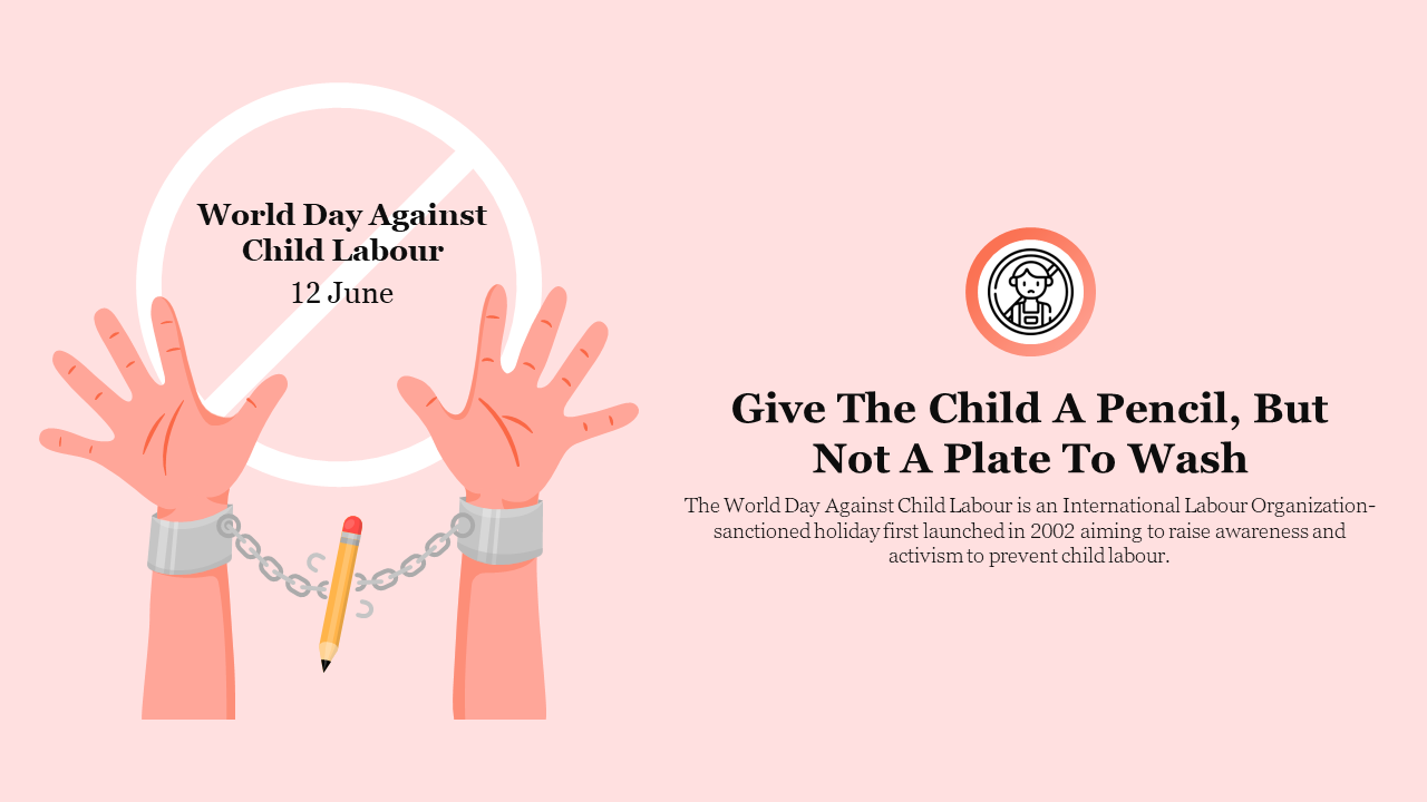 Illustration of handcuffed hands with a pencil and text about World day against child labour, set on a soft pink backdrop.