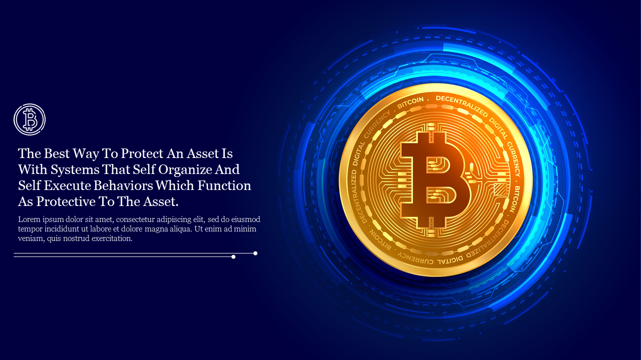 A vibrant PowerPoint background featuring a golden Bitcoin coin illustrates the theme of cryptocurrency and asset protection.