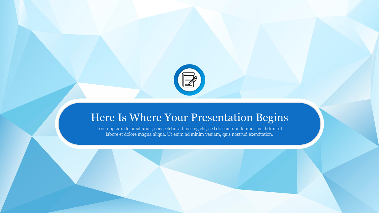 Blue crystal abstract design slide displaying a central text box inviting viewers to begin the presentation.