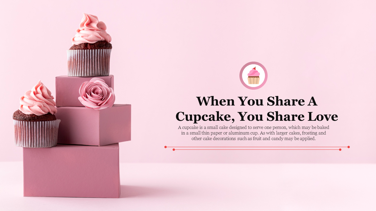 Two cupcakes with frosting placed on stacked pink boxes, with text on the right against a light pink background.