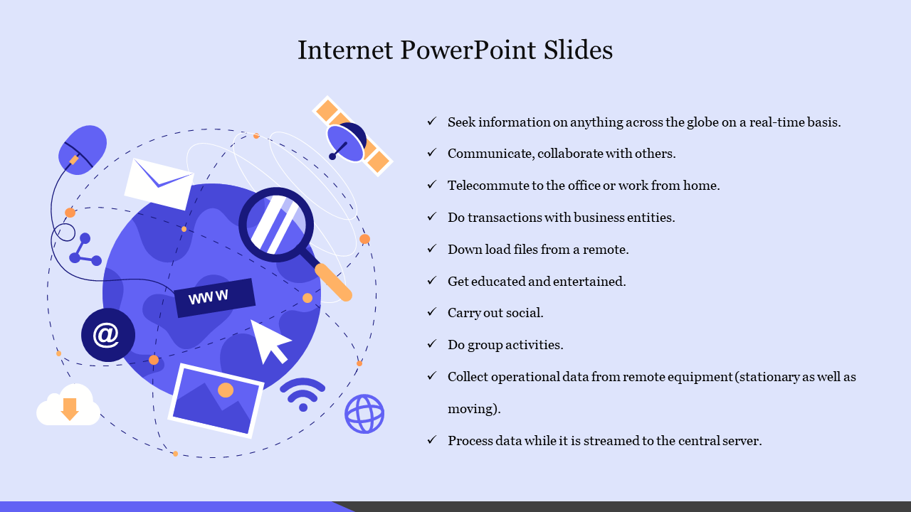 A slide showing a globe with internet-related icons. The right side features a bulleted list of ways to use the internet.