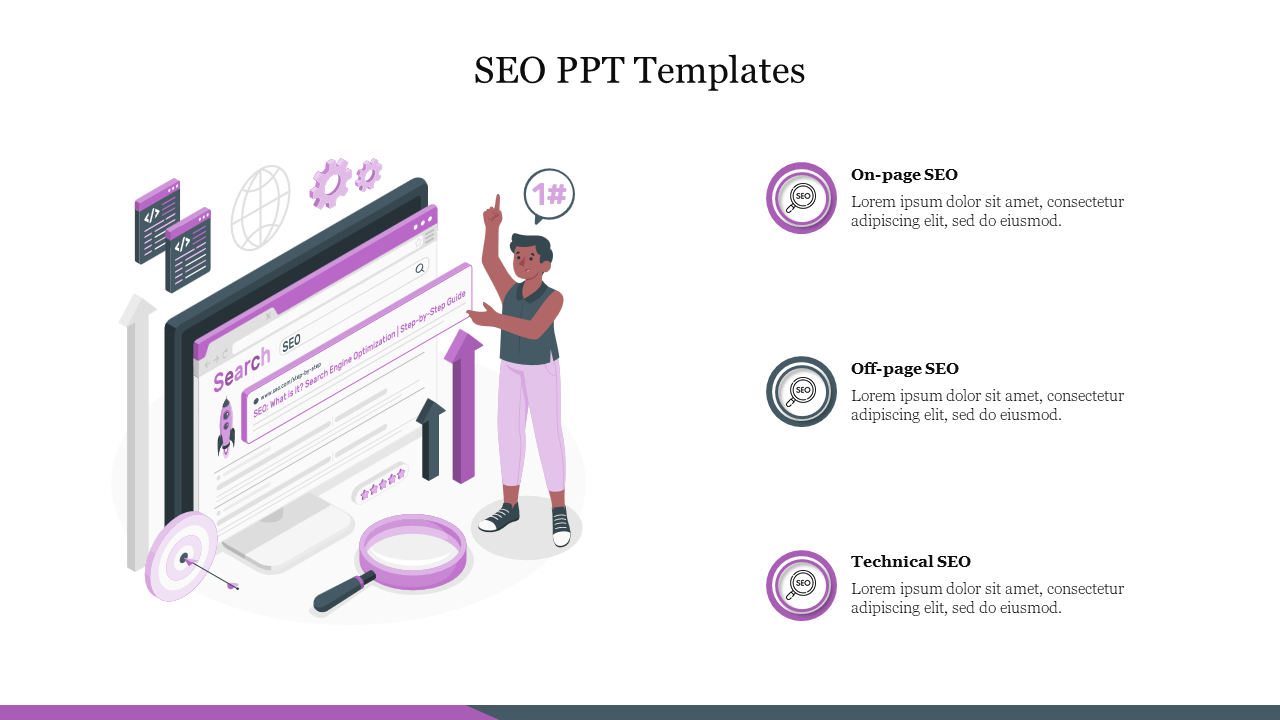 SEO  template with illustration of a person pointing to a search bar, surrounded by icons from on-page to technical SEO.