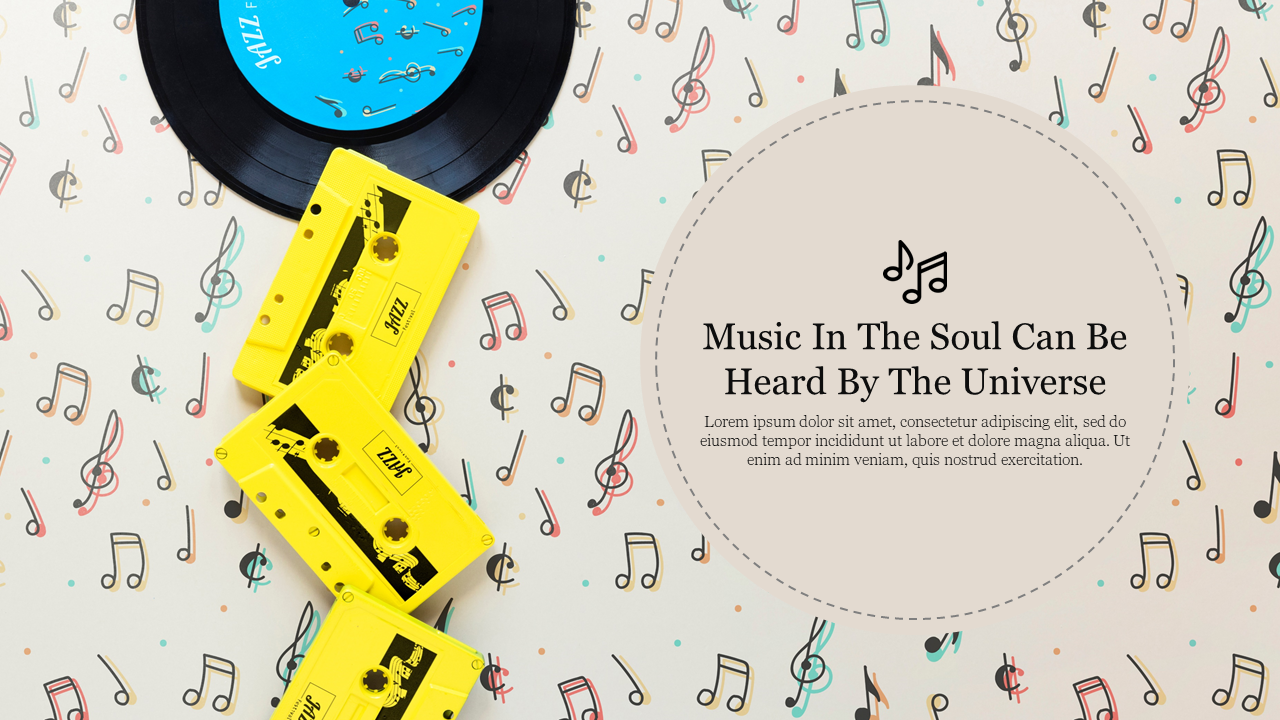 Vinyl record and yellow cassette tapes on a musical note themed background with a circular text area on the right.