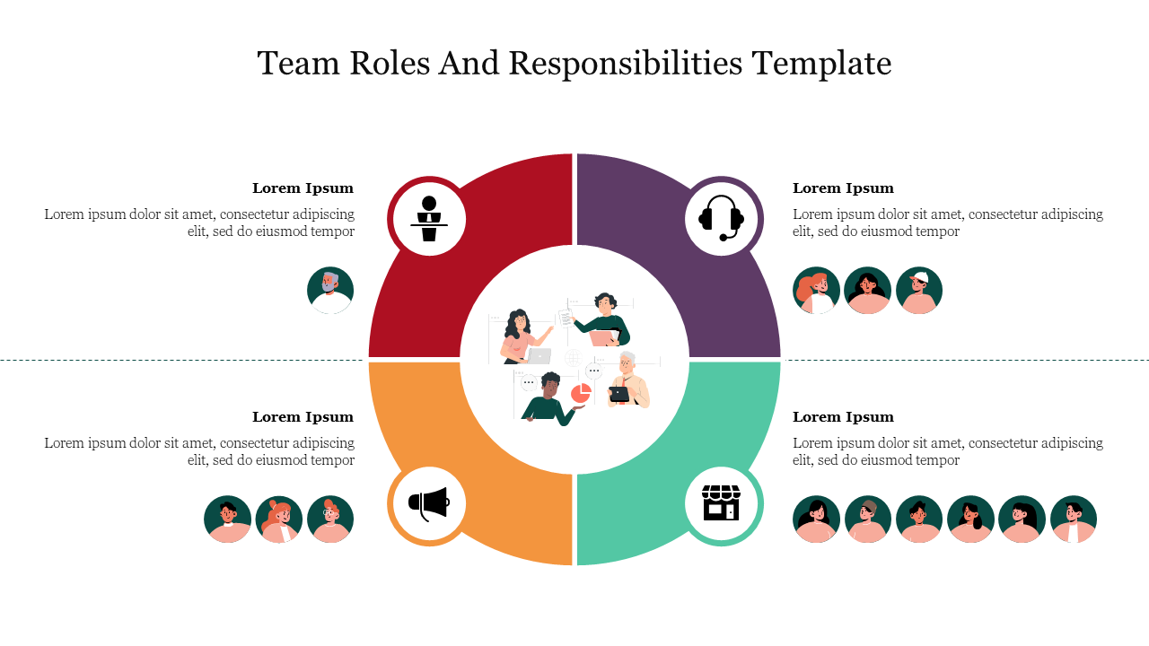 Circular layout slide with four sections detailing team roles and responsibilities, accompanied by relevant icons and text.