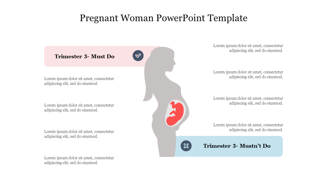 Central pregnant woman silhouette with pink and blue boxes on either side with labeles.