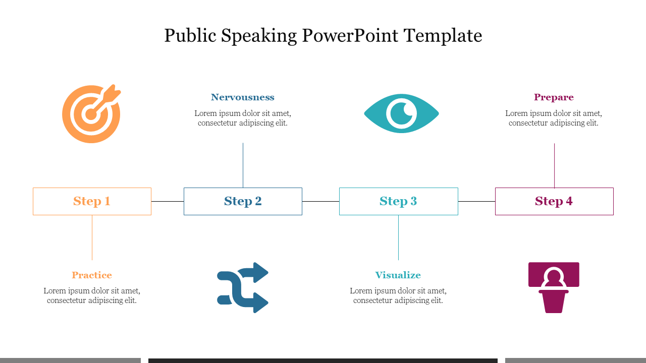 Public speakingslide with a step-by-step approach from practice to prepare, displayed with icons and placeholder text areas.