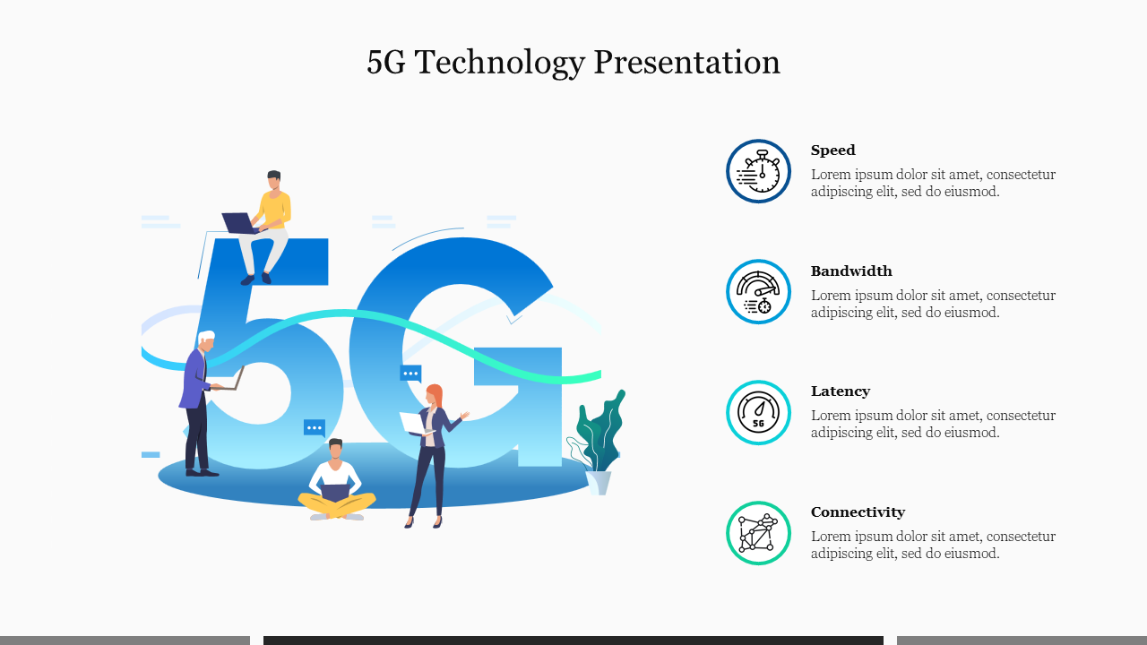 A slide on 5G technology featuring the number prominently, with illustrations of people and icons with text area.