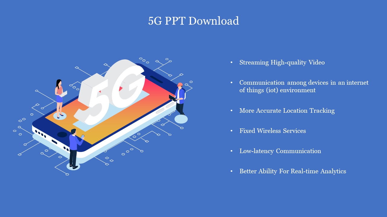 Illustration of a smartphone displaying 5G with two people standing on top with a list of key features on a blue backdrop.