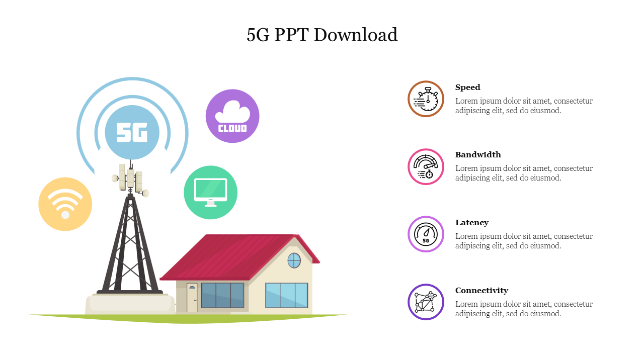 5G tower illustration with icons representing speed, bandwidth, latency, and connectivity with placeholder text.