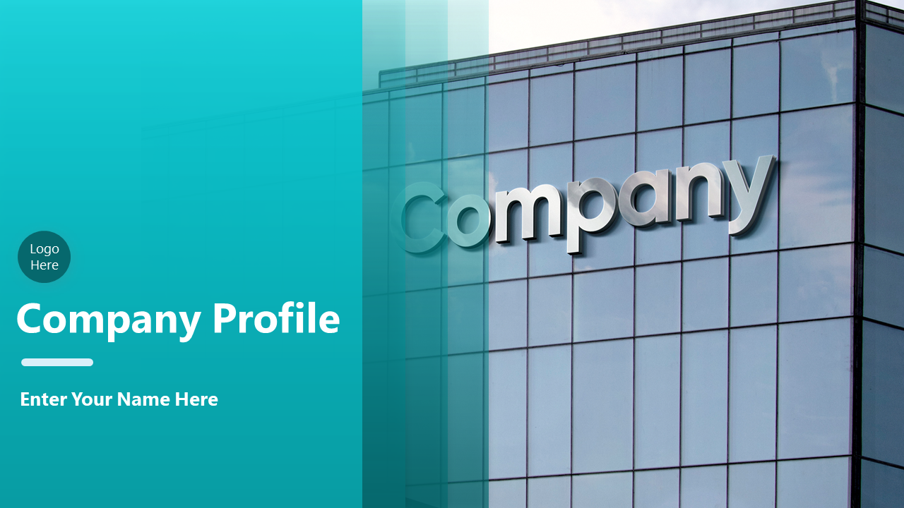 Company Profile PowerPoint slide with logo placeholder and company name displayed on a building's glass facade.