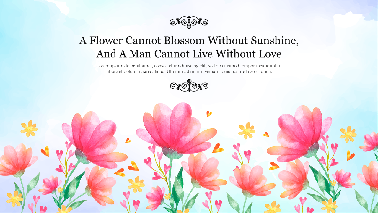 Watercolor flowers in shades of pink and orange, with decorative text and ornate designs at the top and bottom.