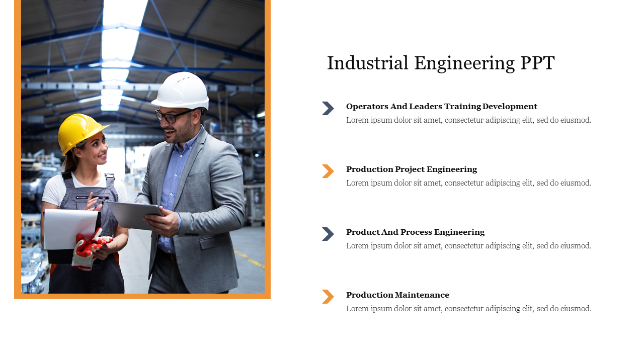 Industrial engineering slide featuring two professionals discussing operations in a warehouse setting alongside text area.