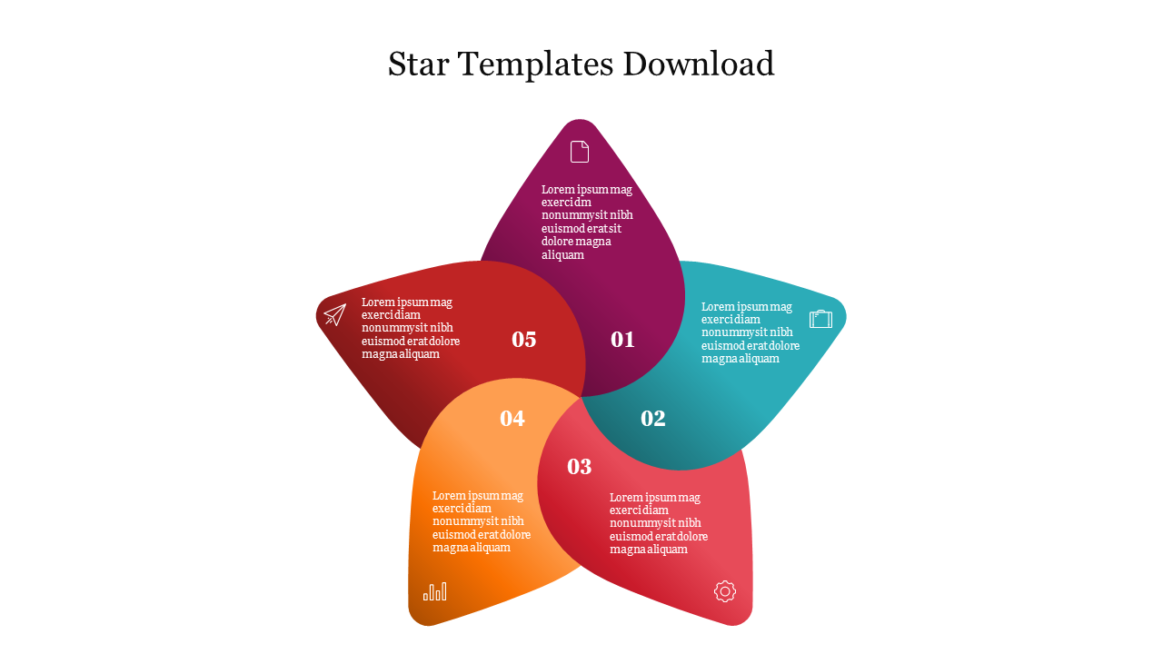 A multicolored star shaped infographic with labeled sections and icons, arranged symmetrically.