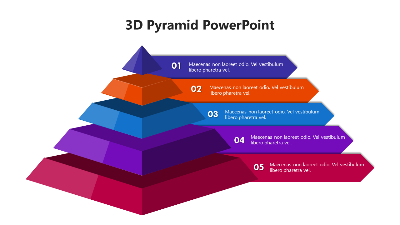 3D pyramid with five colorful layers in purple, orange, blue, violet, and red, labeled 01 to 05 text labels.