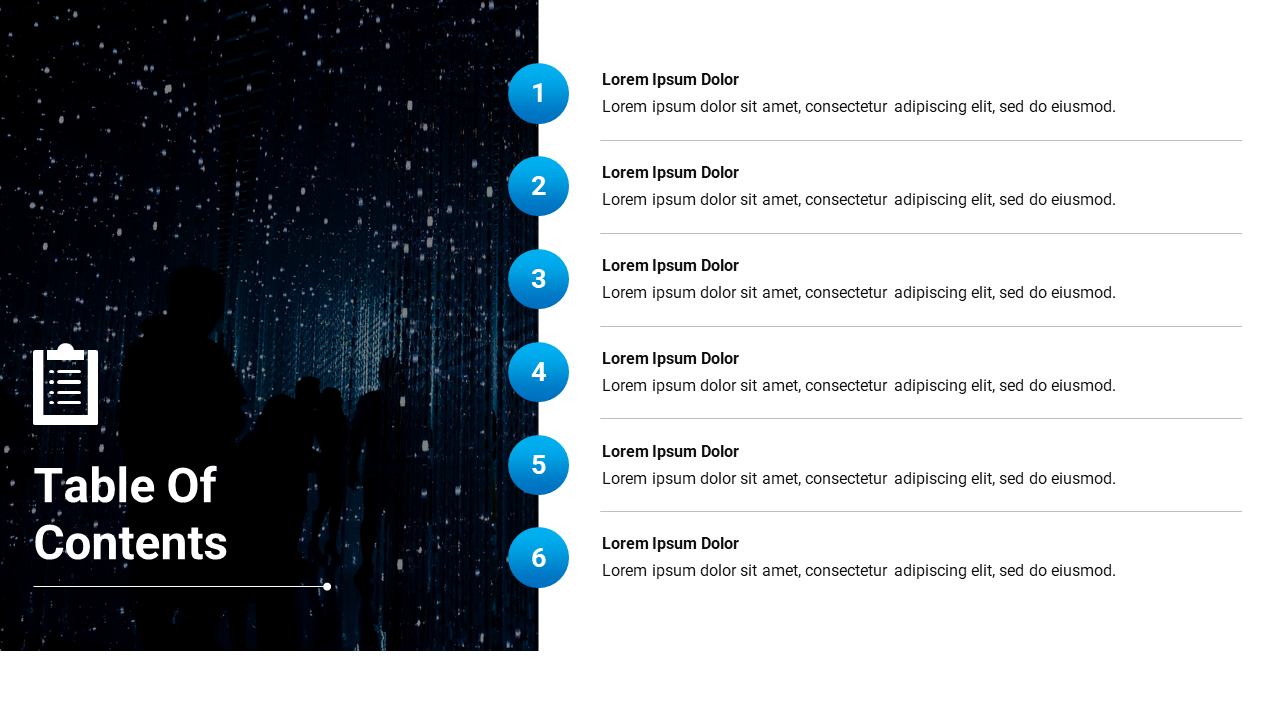 Table of contents slide with a silhouetted person under dark background and a starry sky with six numbered points.