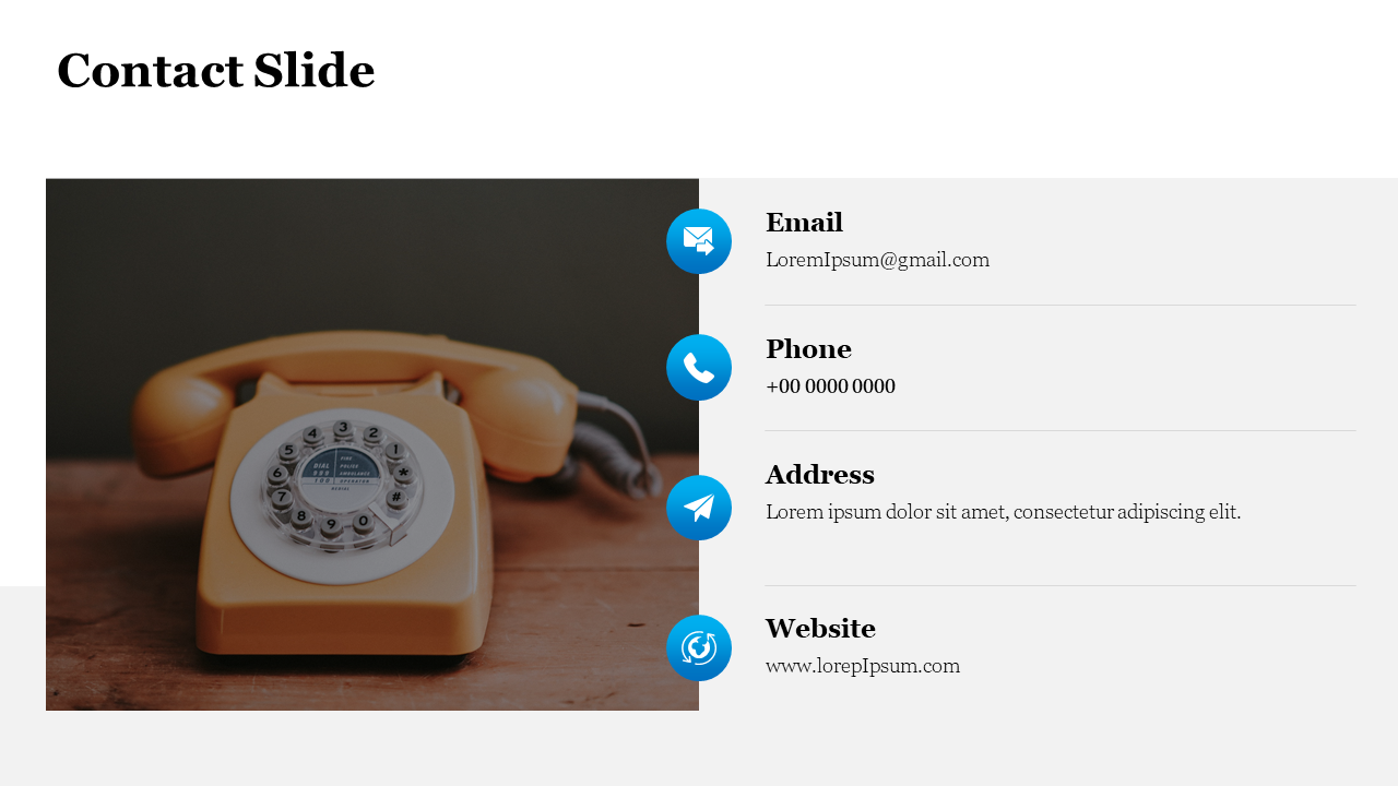Contact slide featuring a vintage yellow rotary phone with contact details aligned to the right.