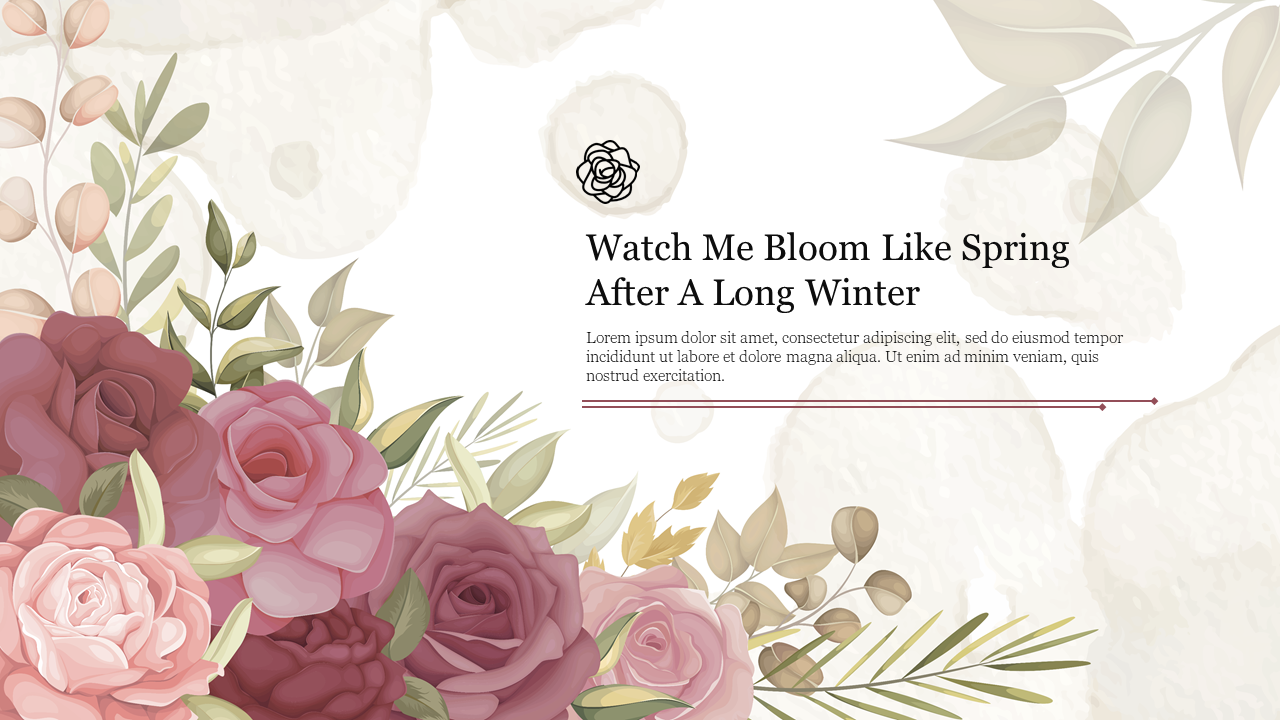 Floral design with pastel shades of pink and burgundy roses with light leaves in the background, and text on the right.