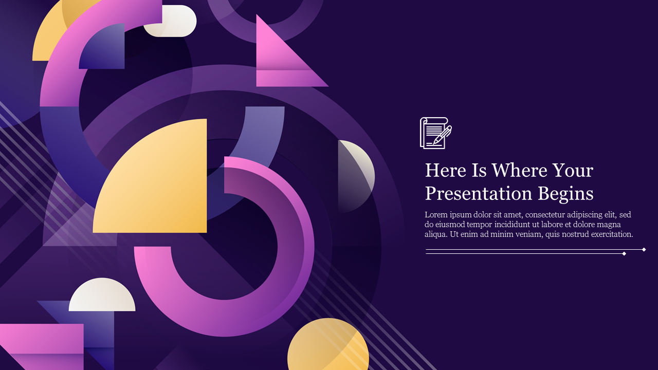 Abstract geometric shapes with vibrant colors and smooth gradients, create a dynamic presentation purple background.