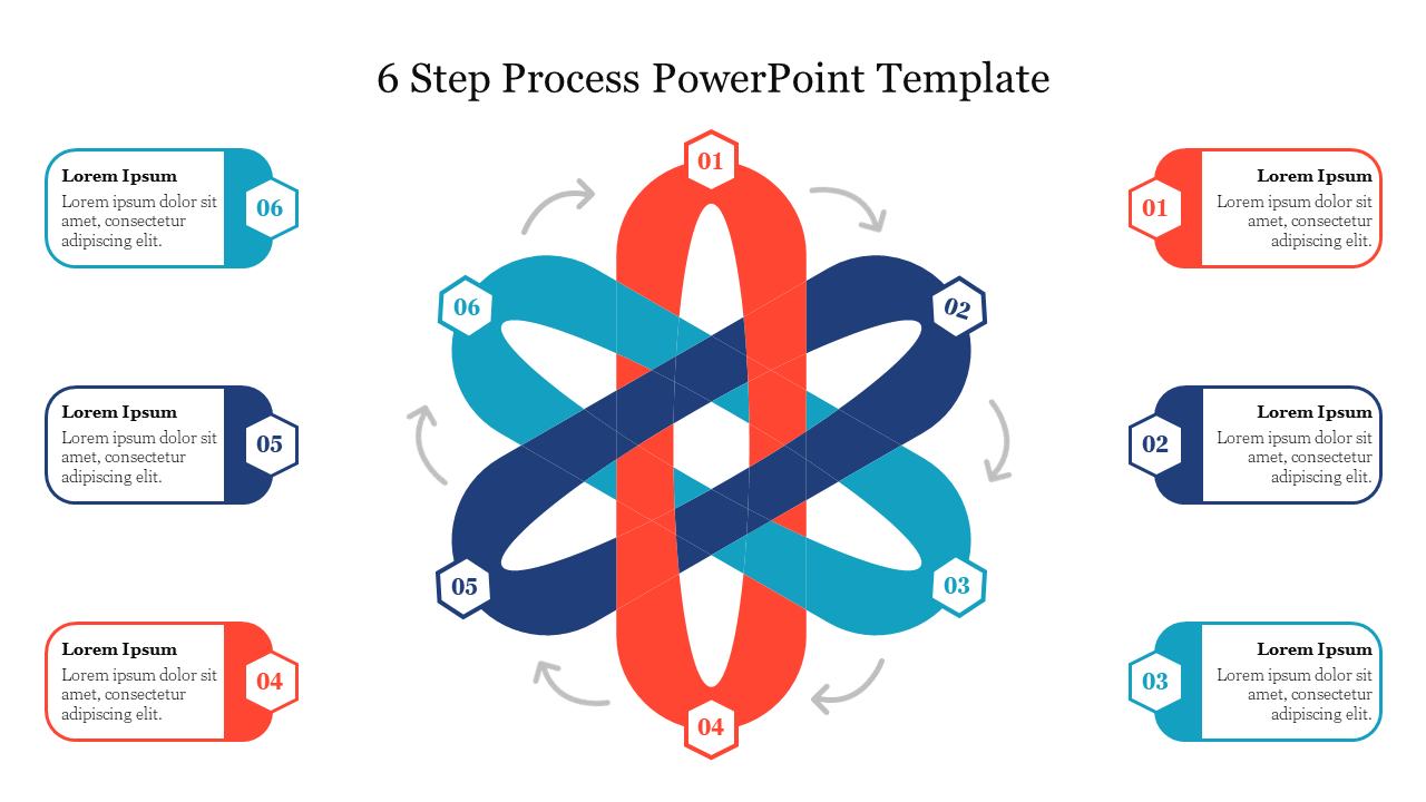 6 step process diagram slide in red and blue, showcasing interconnected loops with numbered sections and text boxes.