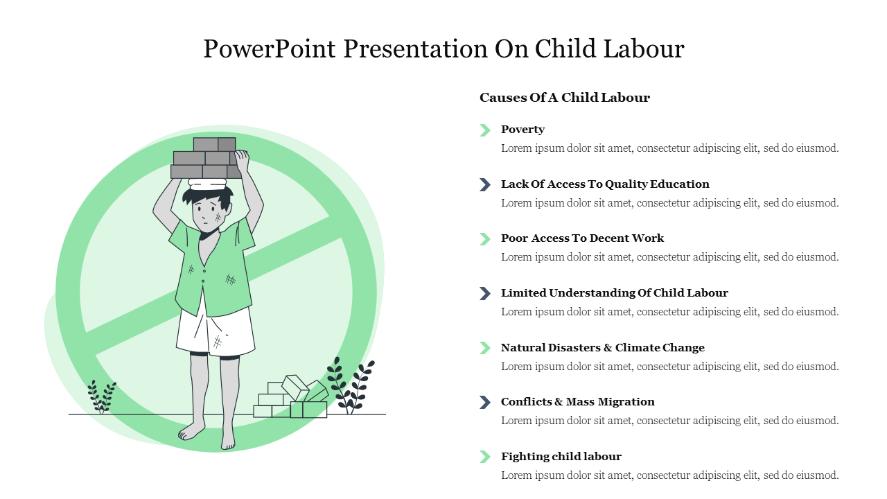 Illustration of a child carrying boxes with a green crossed circle in the background, and text listing causes of child labor.