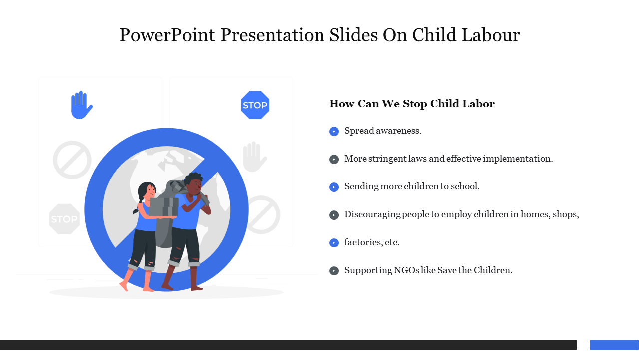 Educational slide on child labor prevention with stop-themed visuals and a list of actions to prevent child labor.