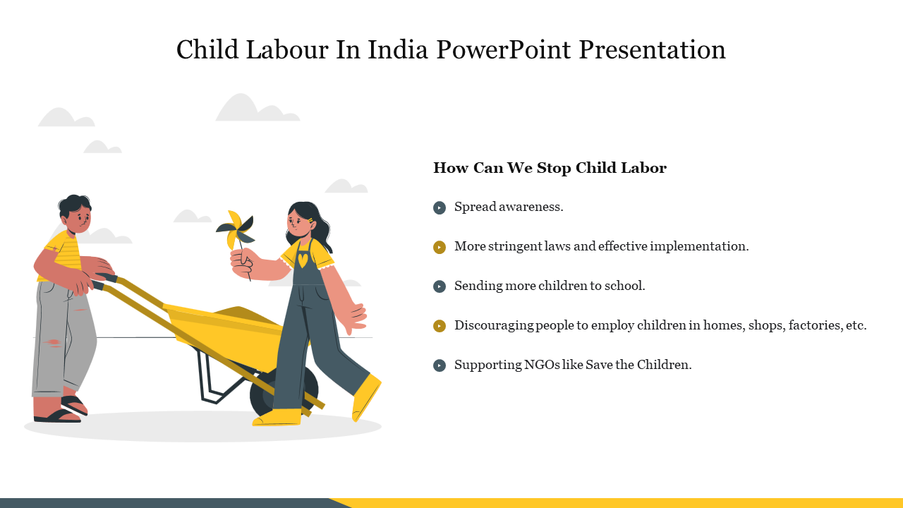 Illustration of two children with one pushing a wheelbarrow, and a list of text about stopping child labor on the right.