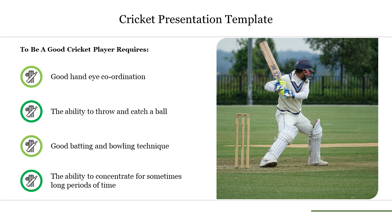 Cricket template with four bullet points listing cricket skills and a photo of a player batting on the right.