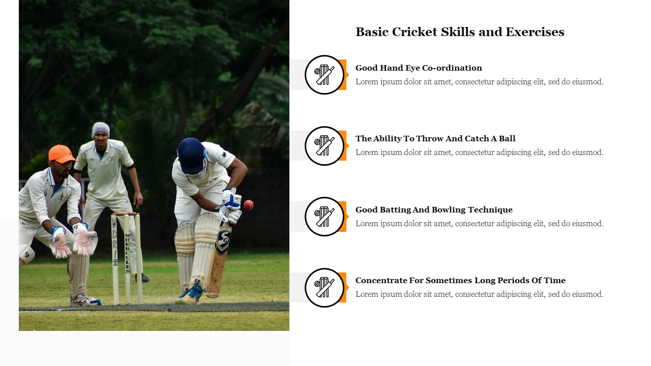 Live cricket action with a batsman and wicketkeeper, paired with bullet points on the importance of key cricket techniques.