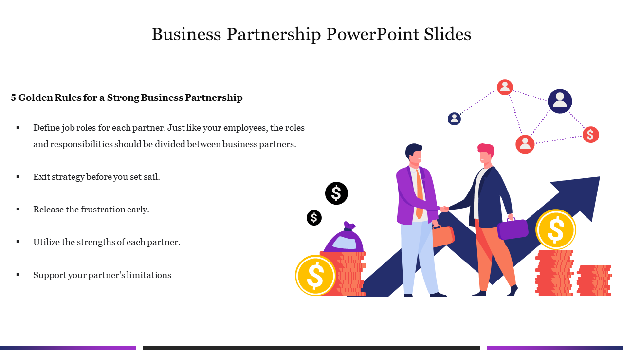 Slide with two businessmen shaking hands, illustrating successful collaboration with five golden rules and colorful icons.