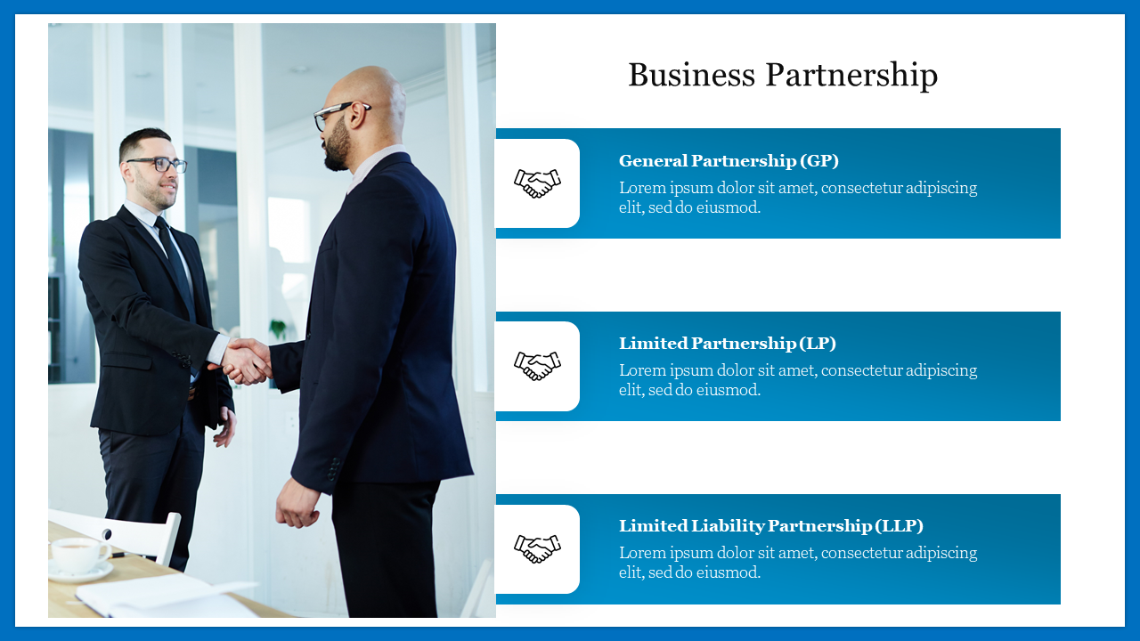 Business partnership slide featuring two men shaking hands with icons representing three types with placeholder text.