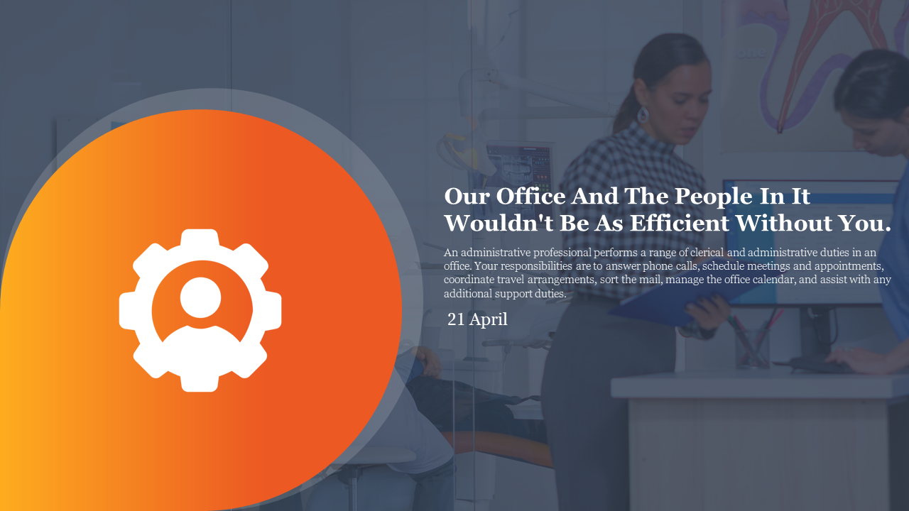 Orange gradient circular design on the left with a white icon, and text on a professional blurred office image.