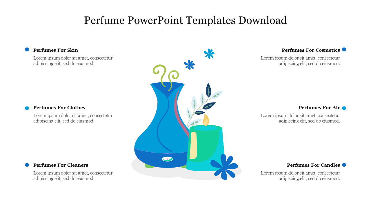 Colorful perfume bottle containers for various uses are displayed in an infographic style layout with placeholder text.