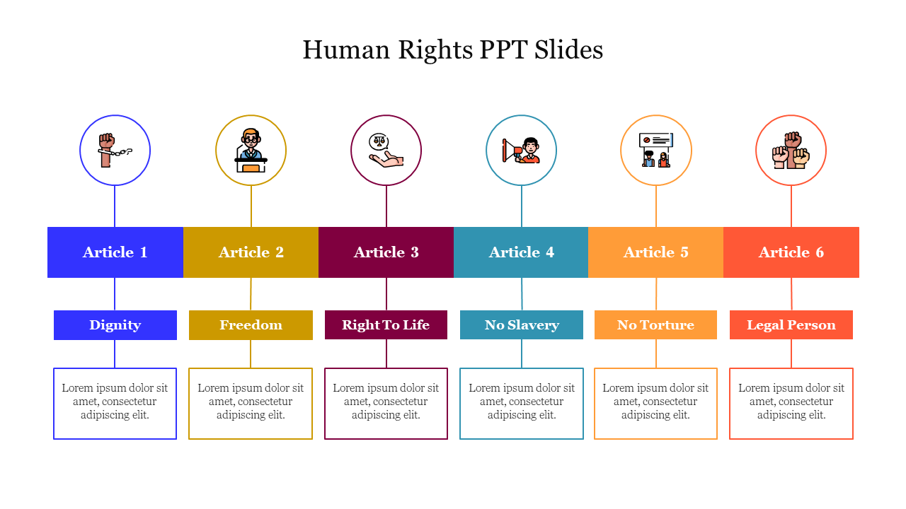 Colorful human rights slide listing six key articles from dignity legal person with icons and placeholder text.