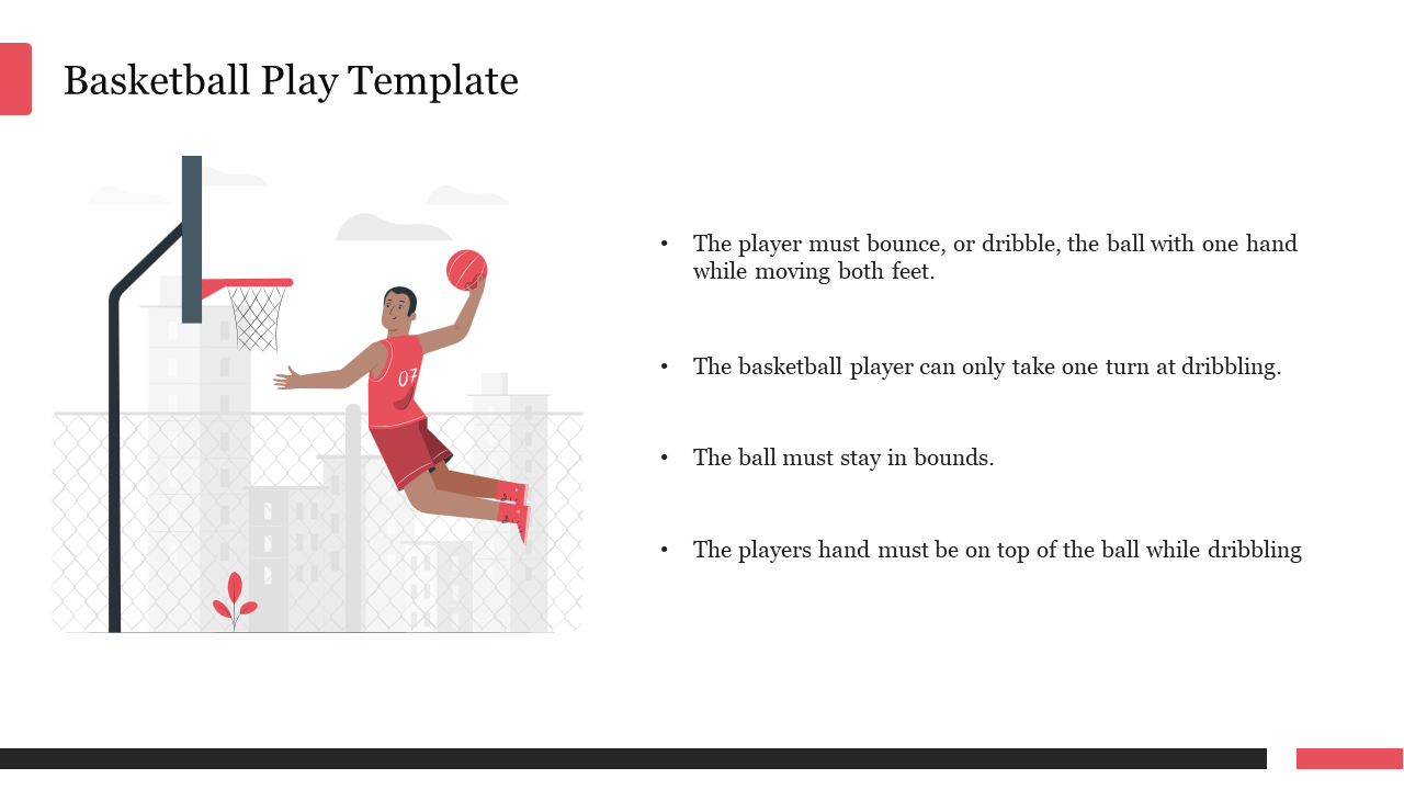 Slide with basketball player dunking on the left and bullet pointed rules on the right, with red accents.