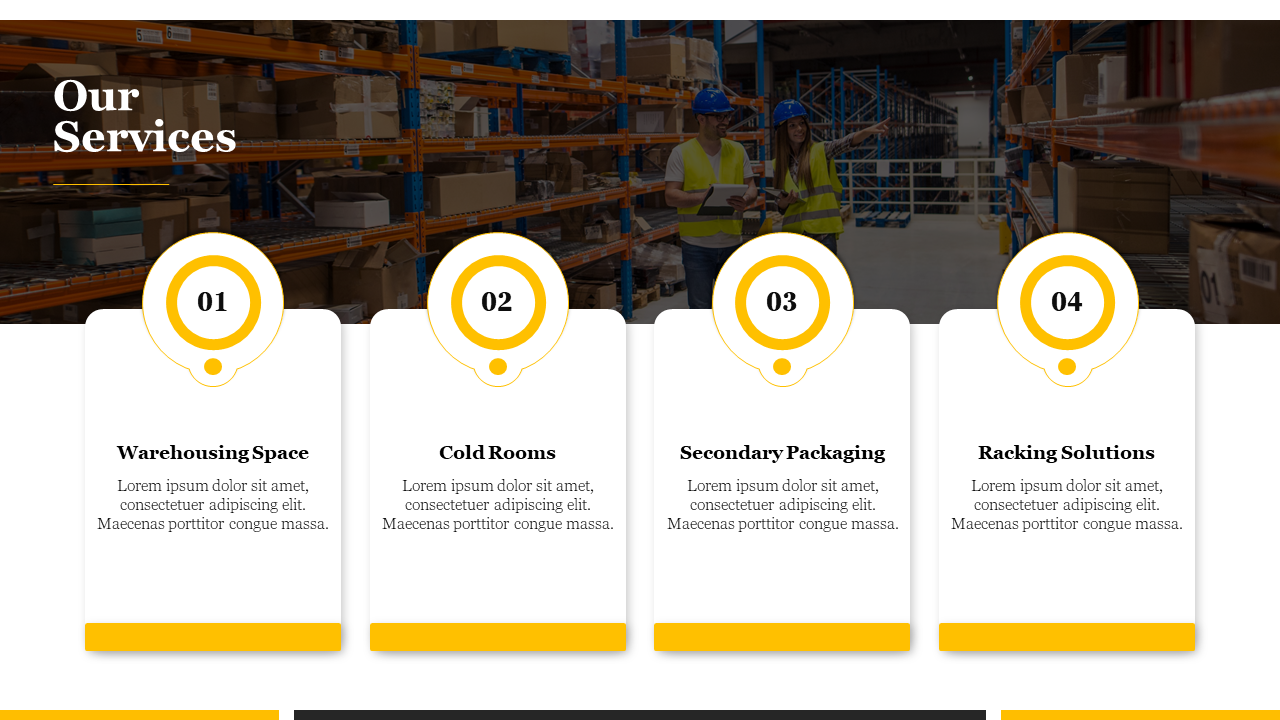 Four white text boxes with yellow numbers, set against a warehouse background and detailing specific services offered.