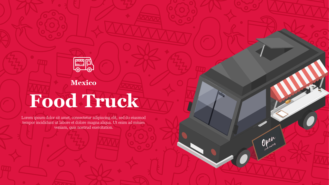 Black food truck with a white striped awning, displayed on a red background decorated with Mexican motifs.